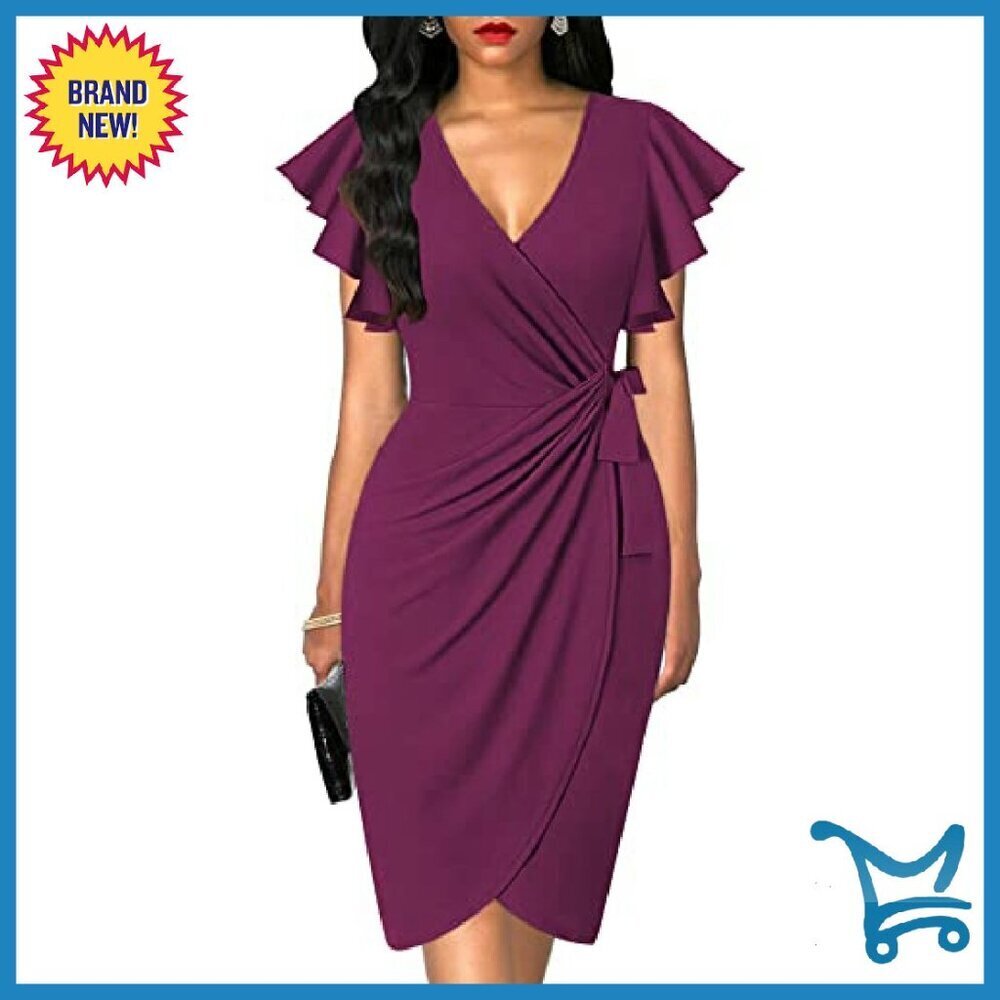 Faux Wrap Dress Deep V Neck Ruffle Sleeve Sheath Cocktail Party Work - Picture 2 of 5
